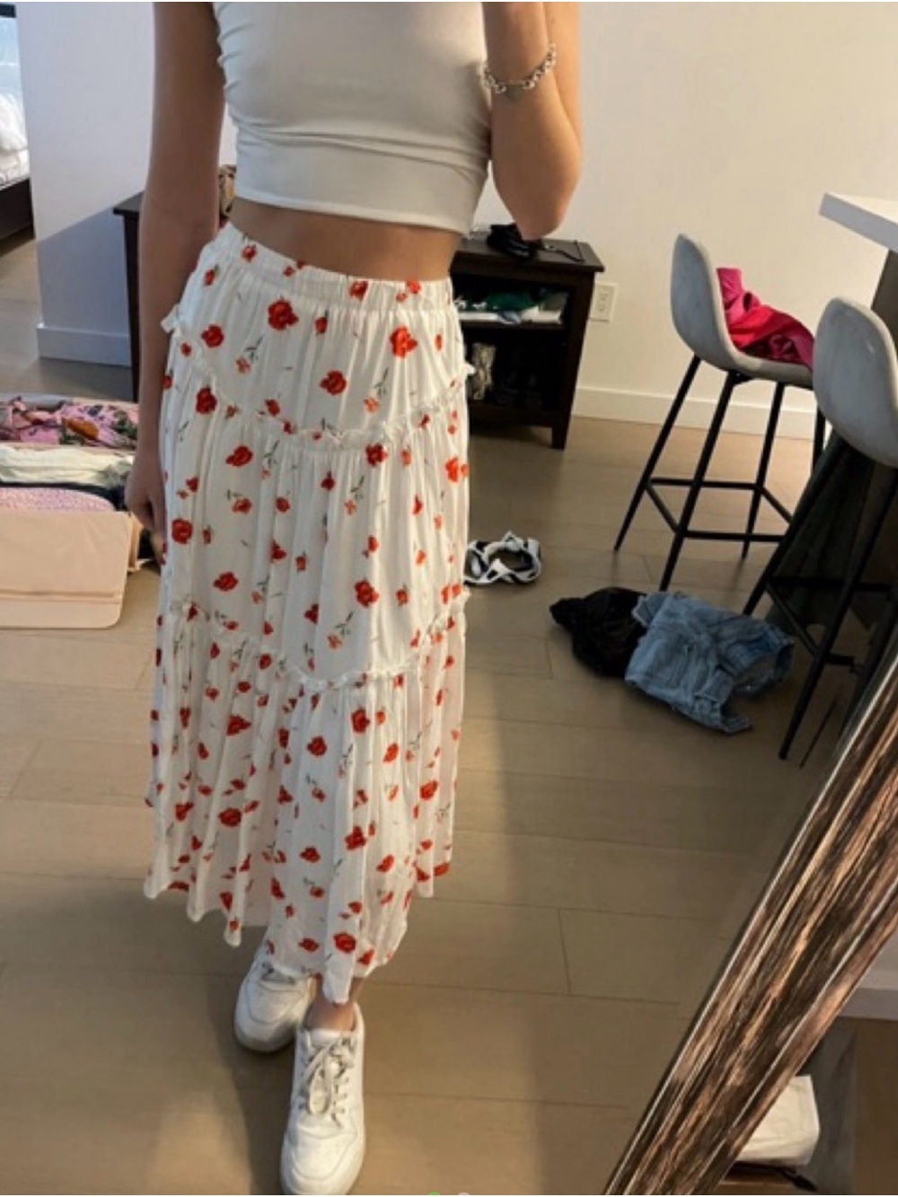 Charlie Holiday White Tiered Maxi Skirt with Red Floral Print